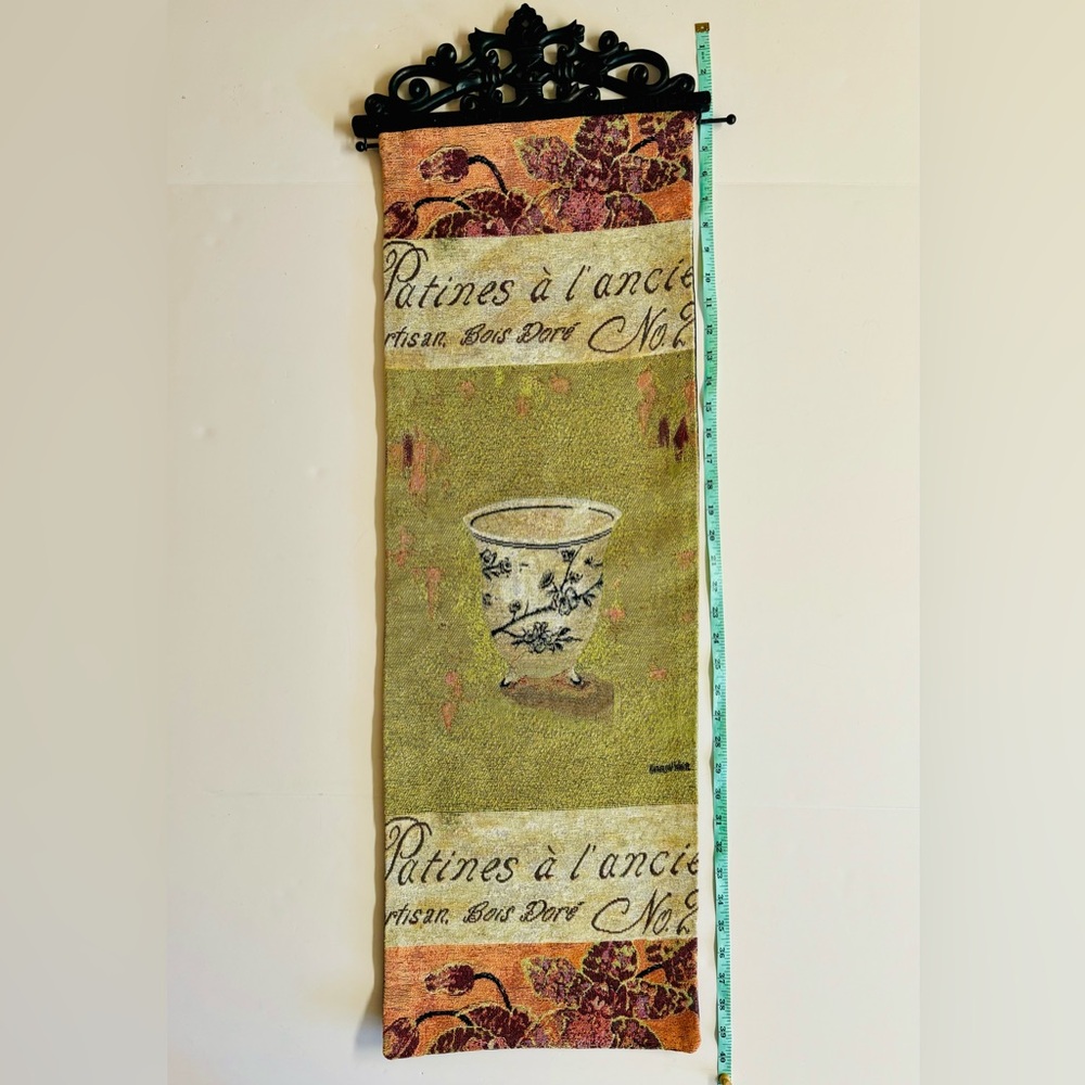 Vtg Kathryn White Berry Orchid French Tapestry with carved wood hanger.
